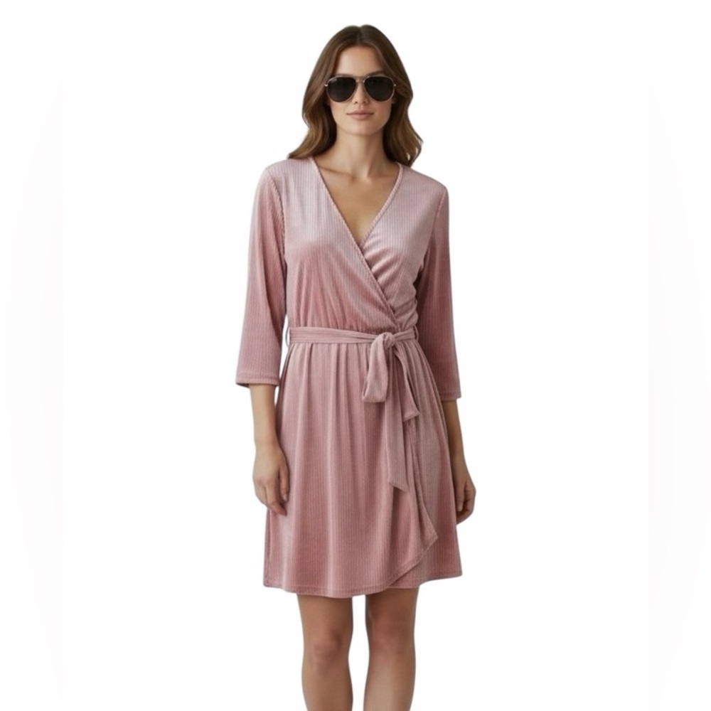 Dynamite Medium Velvet Wrap Midi Dress Pink Belted V Neck‎